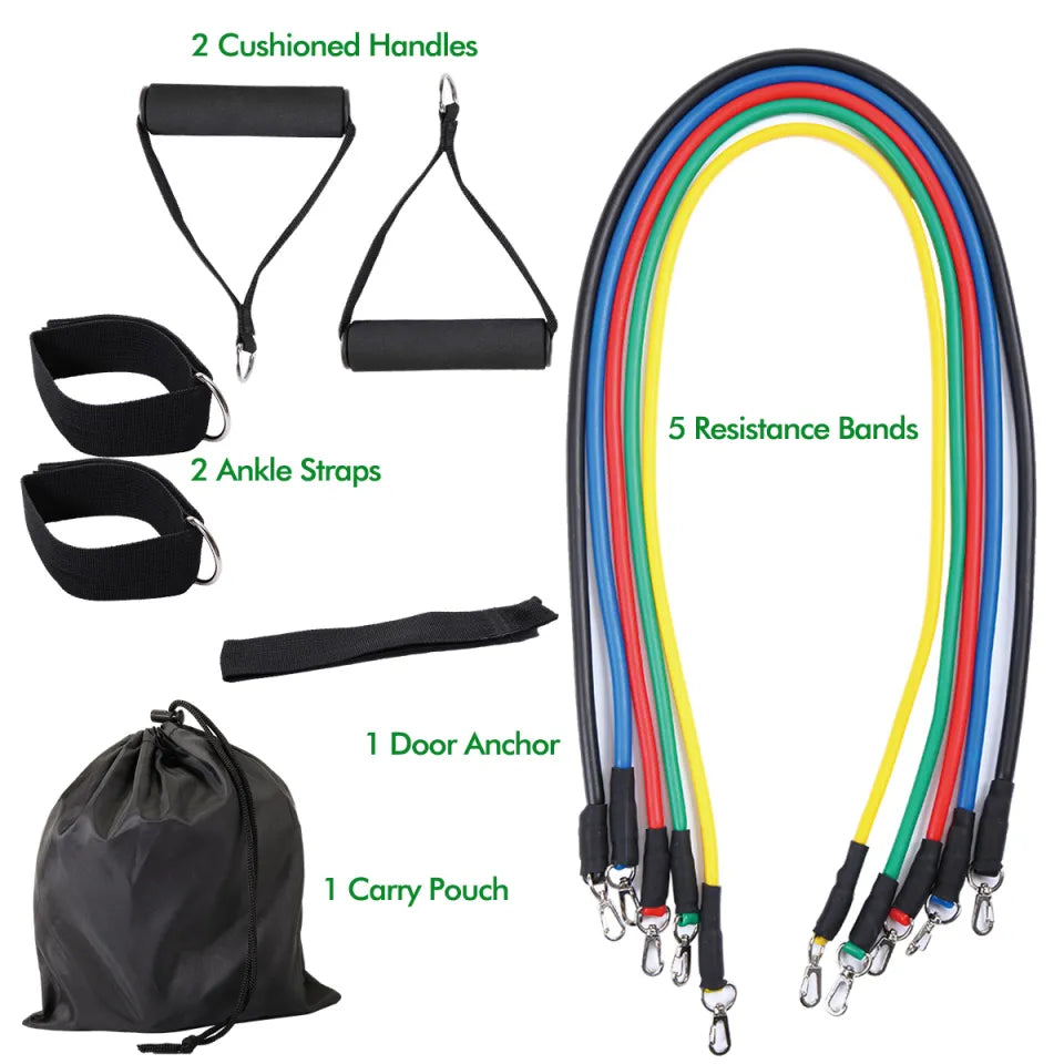 11 PCS Latex Resistance Band Set Yoga Pilates Abs Exercise Fitness Gym Workout Set