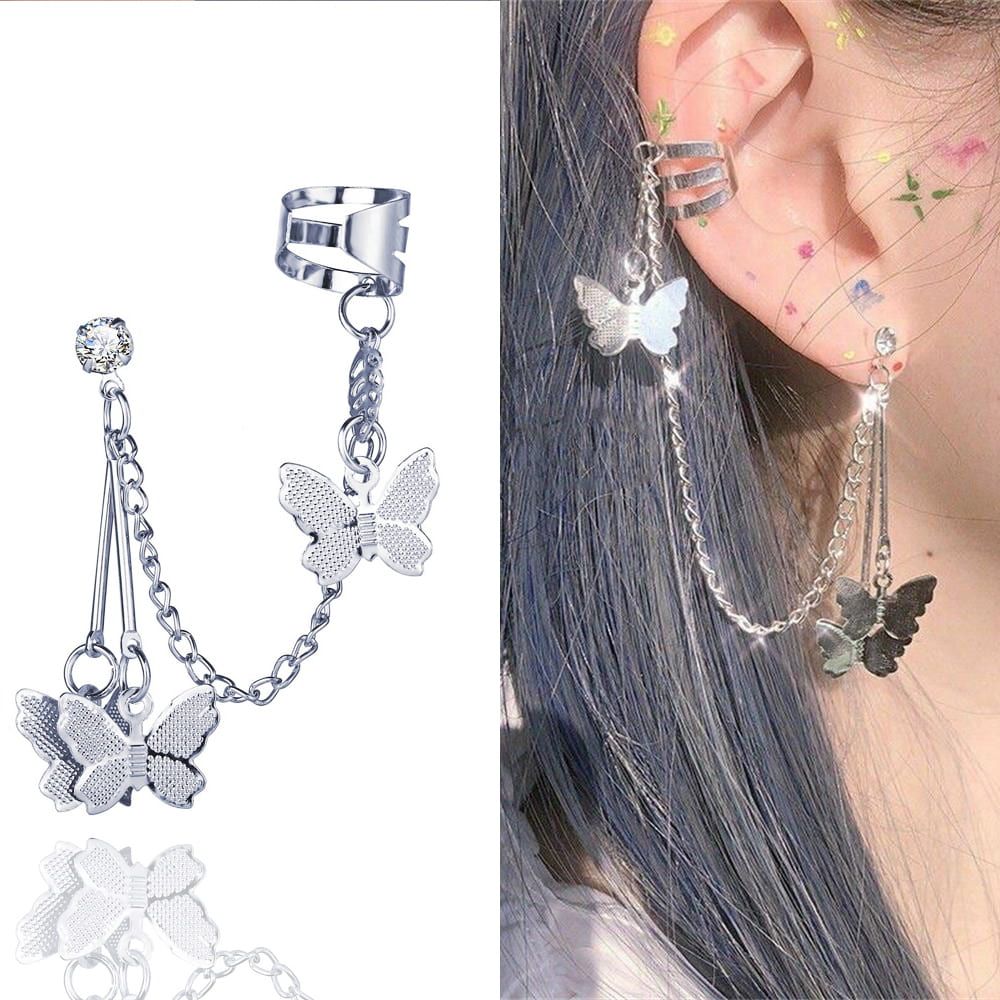 Pair Of Ear Cuff Earring Butterfly Chain Tassel Stylish Earings For Girls