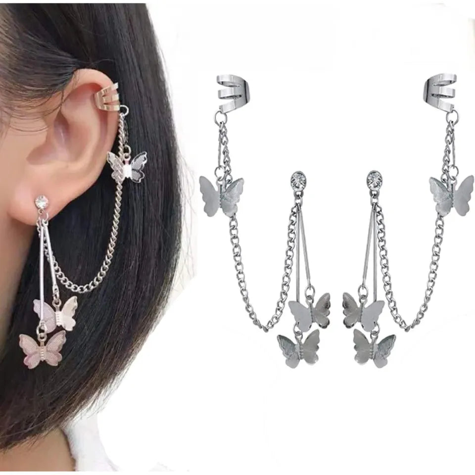 Pair Of Ear Cuff Earring Butterfly Chain Tassel Stylish Earings For Girls