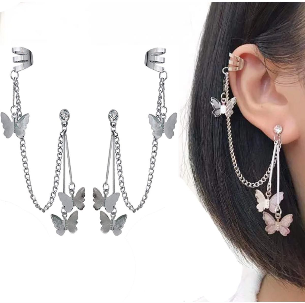 Pair Of Ear Cuff Earring Butterfly Chain Tassel Stylish Earings For Girls