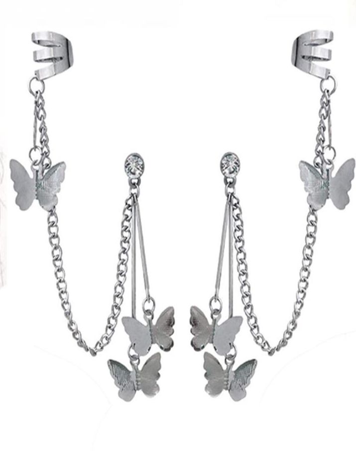 Pair Of Ear Cuff Earring Butterfly Chain Tassel Stylish Earings For Girls