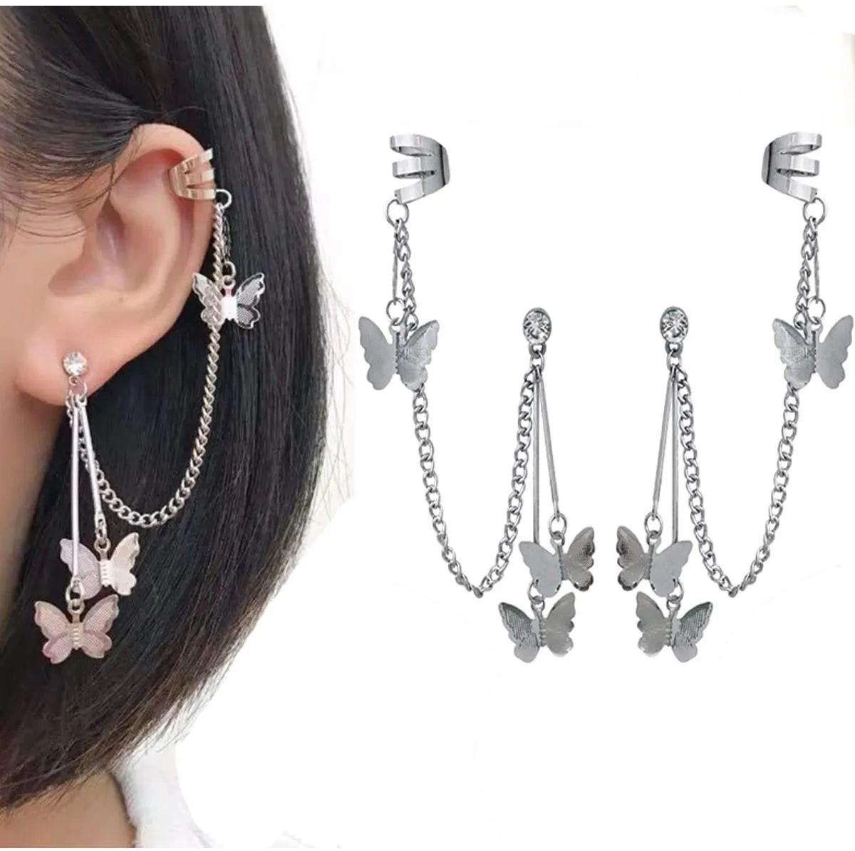 Pair Of Ear Cuff Earring Butterfly Chain Tassel Stylish Earings For Girls